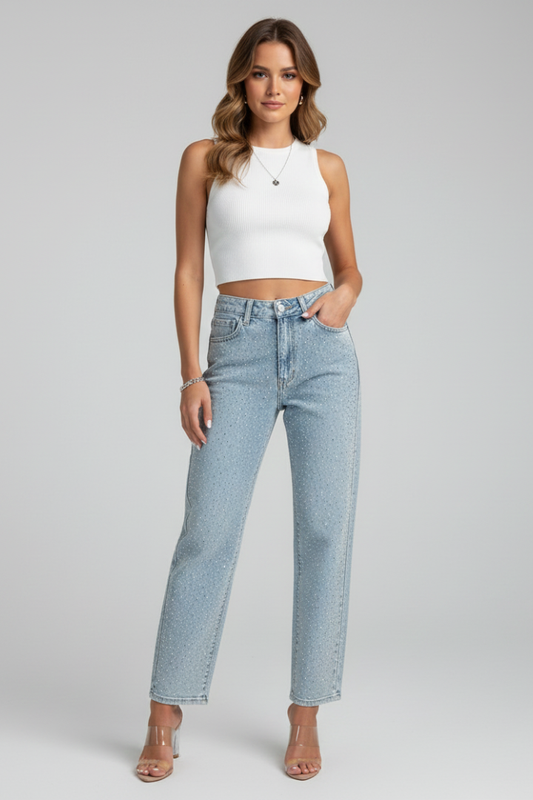 Karen | Højtaljede Mom Jeans med Shimmereffekt