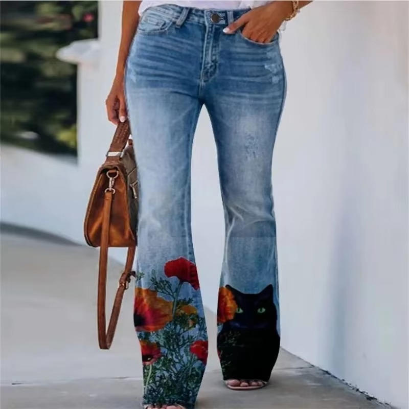 Elin | Denimjeans med høj talje og blomstret svaj til kvinder