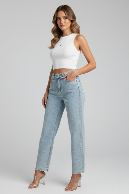 Karen | Højtaljede Mom Jeans med Shimmereffekt